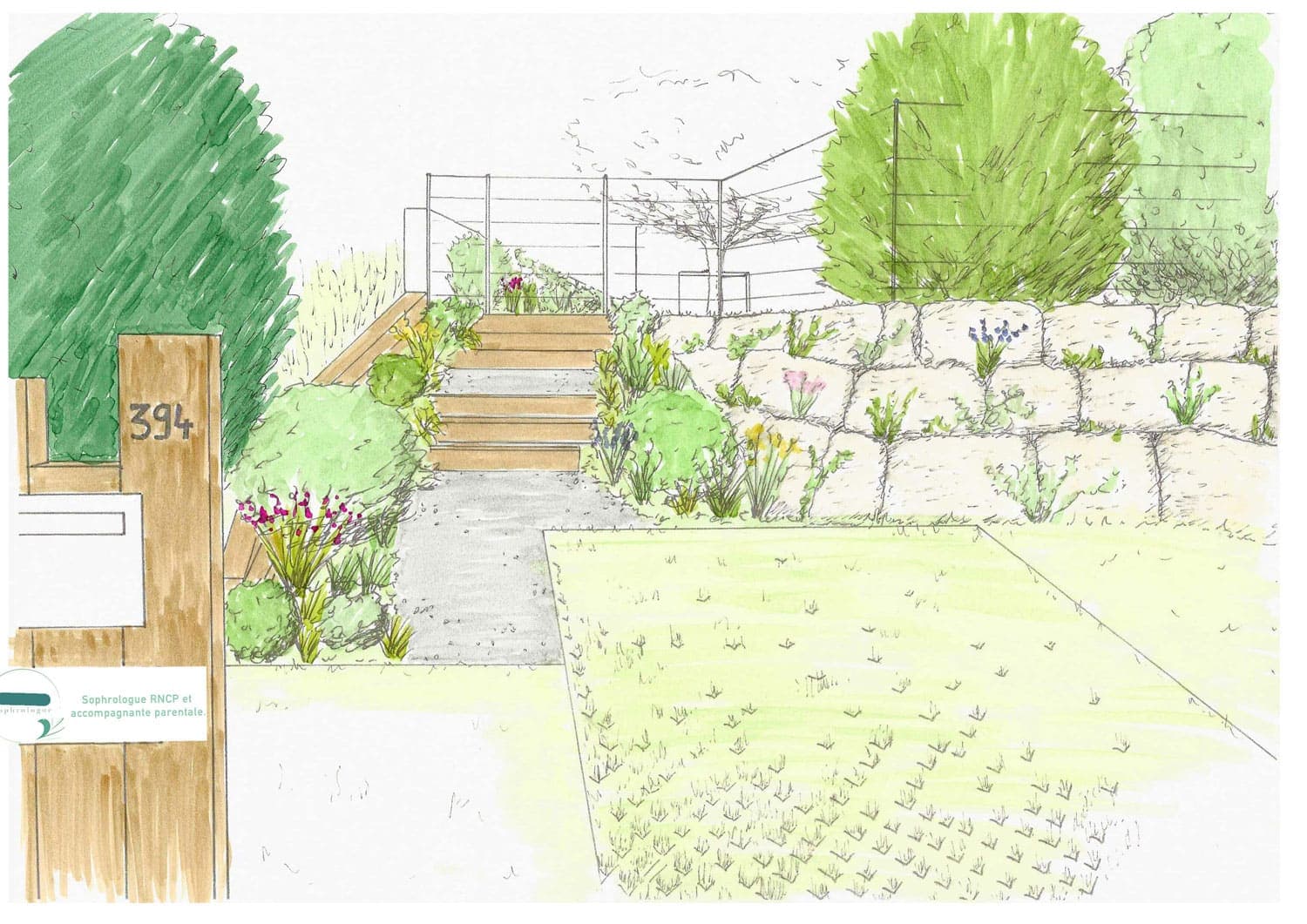 Croquis d'ambiance aquarelle d'un jardin paysagé par Permapaysage