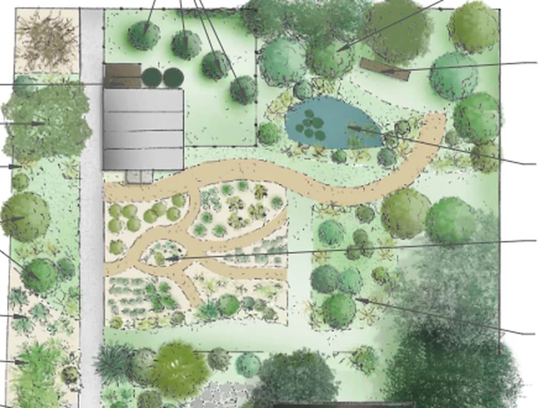 Plan de conception d'un jardin à Haute-Goulaine avec potager, mare et massifs